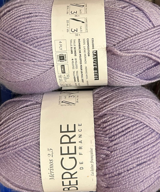 Lot de 2 pelotes Merinos 2,5 - Couleur Mauve Bébé